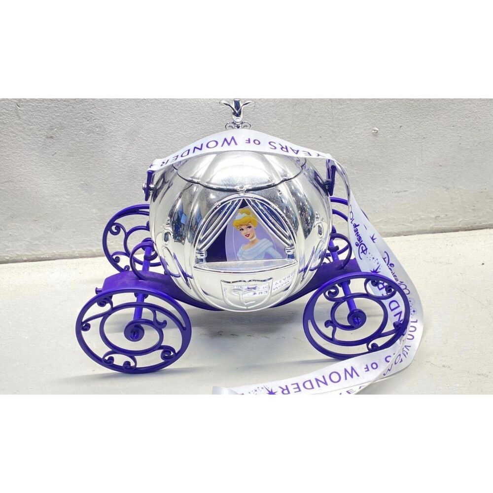 Disney100 Cinderella Carriage Popcorn Bucket Silver Purple Disney Parks w/ Strap
